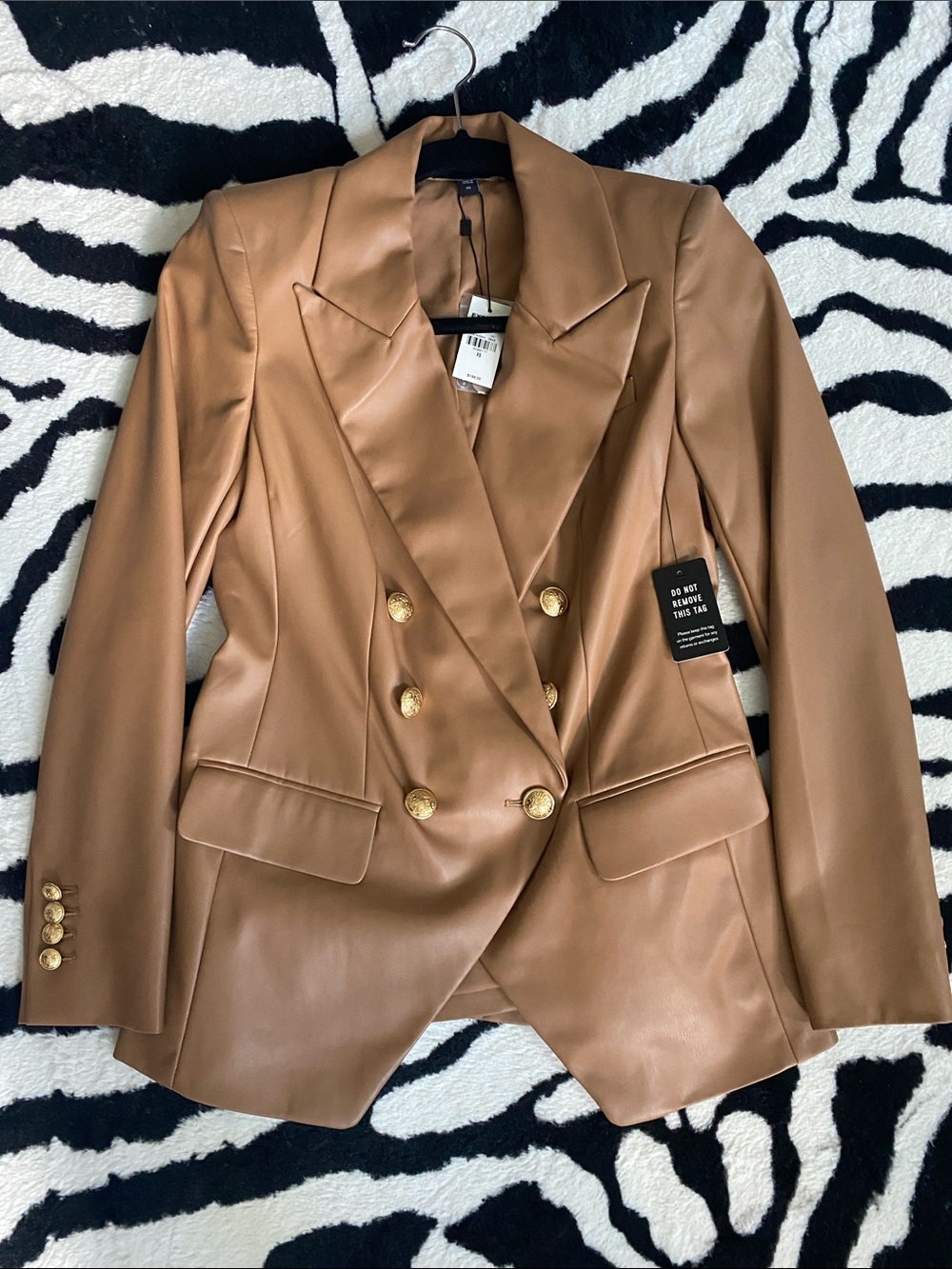 😍Express Double-Breasted Faux Leather Blazer in Camel w/Gold Buttons XS